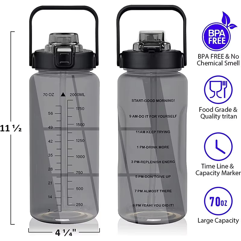 2L 64OZ Half Gallon Water Bottle with Sleeve Motivational Water Bottle with Straw & Time Marker Leakproof Sport Water Jug