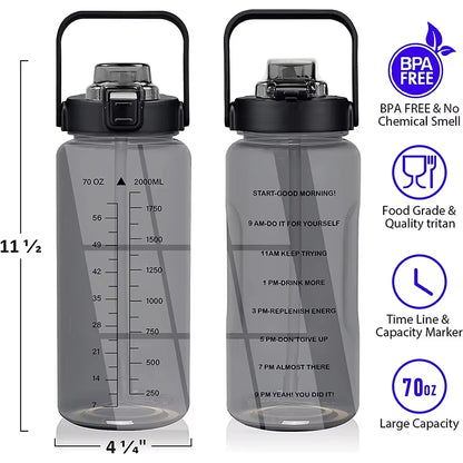 2L 64OZ Half Gallon Water Bottle with Sleeve Motivational Water Bottle with Straw & Time Marker Leakproof Sport Water Jug