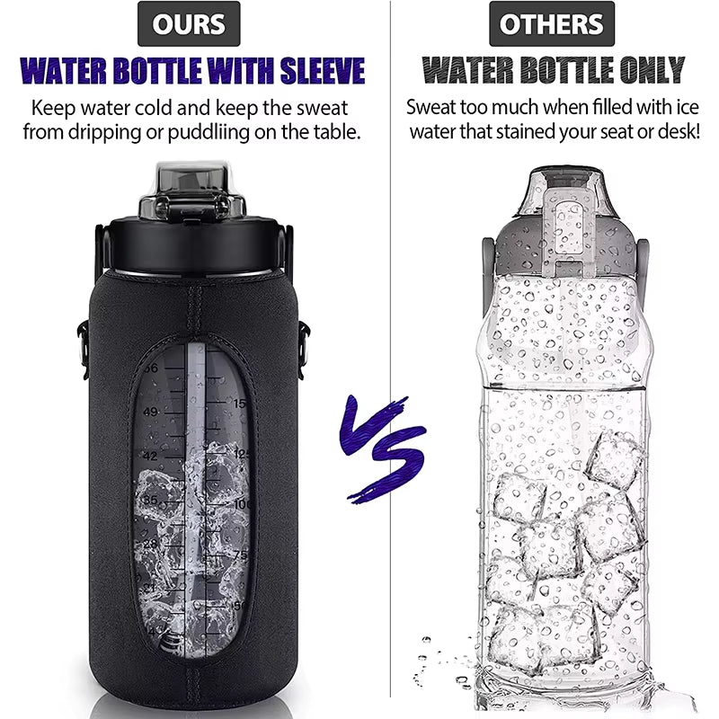 2L 64OZ Half Gallon Water Bottle with Sleeve Motivational Water Bottle with Straw & Time Marker Leakproof Sport Water Jug